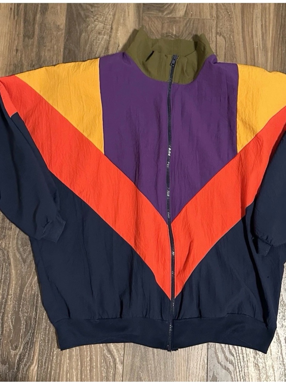 Vintage 80s Windbreaker Jacket Full Zip Color Block Shoulder Pads Womens 1X